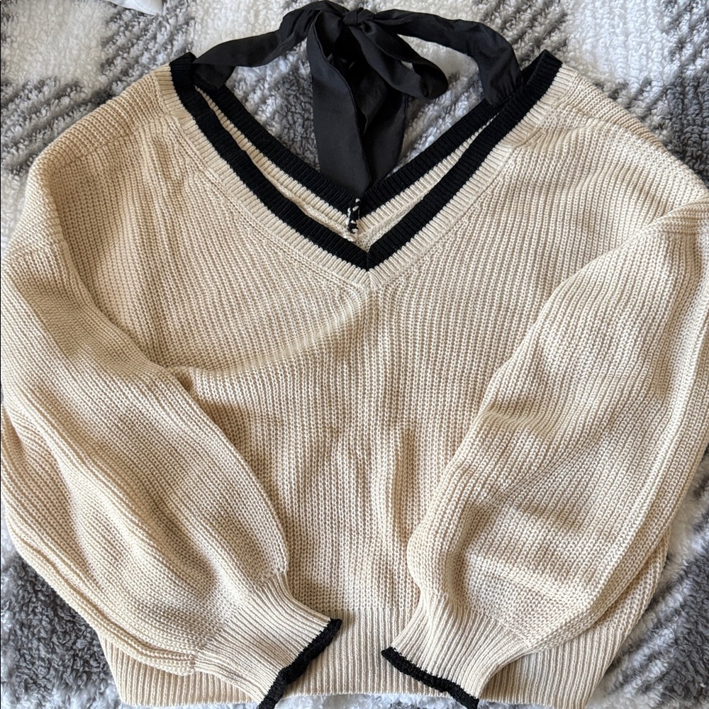SHEIN Cream V-Neck Sweater with Black Accents